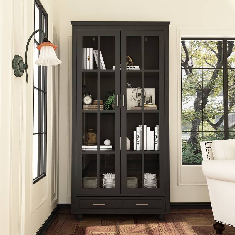 Bookcase Storage Cabinet with Glass Door& Drawer Display Cabinet White
