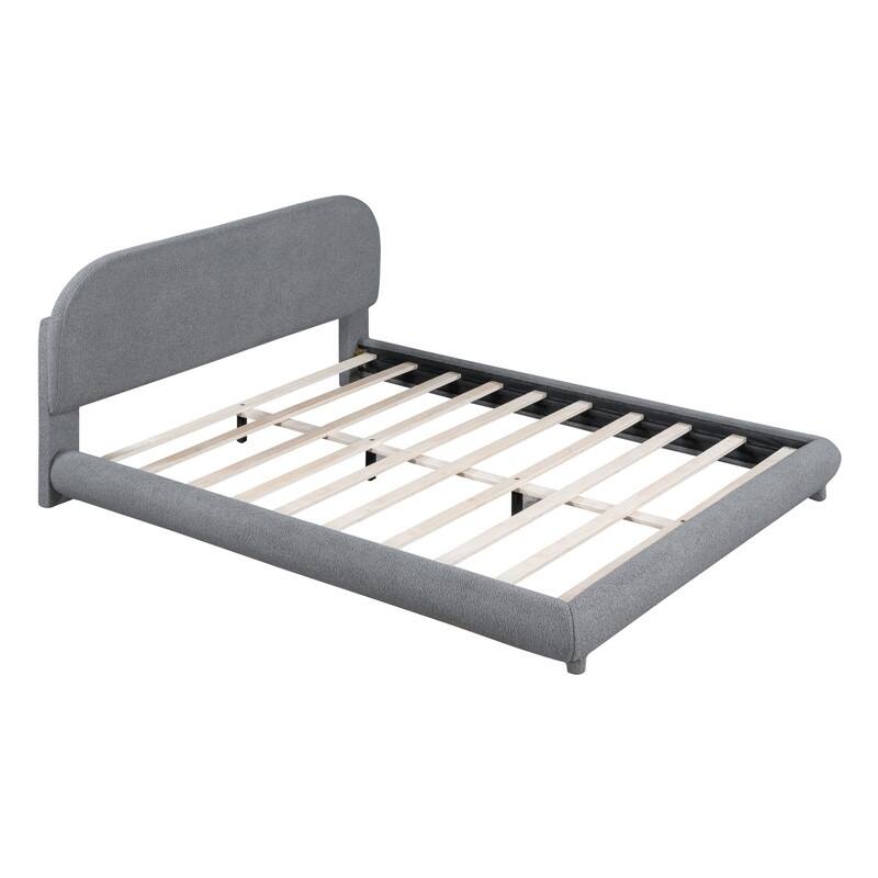 Teddy Fleece Upholstered Bed Frame with Curved Shaped Headboard, Full/Queen Size Platform Bed with Wood Slats Support