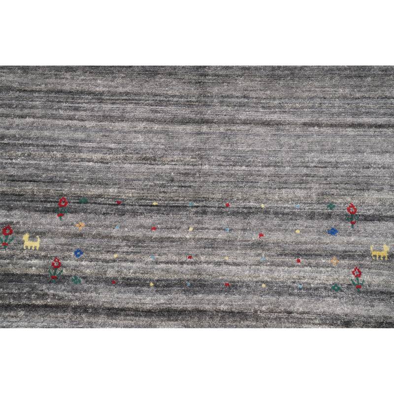 Hand Knotted Oriental Viscose Silk Carpet Tribal Animal Pictorial Greys & Charcoal Gabbeh Area Rug - 11' 9'' X 9' 2''