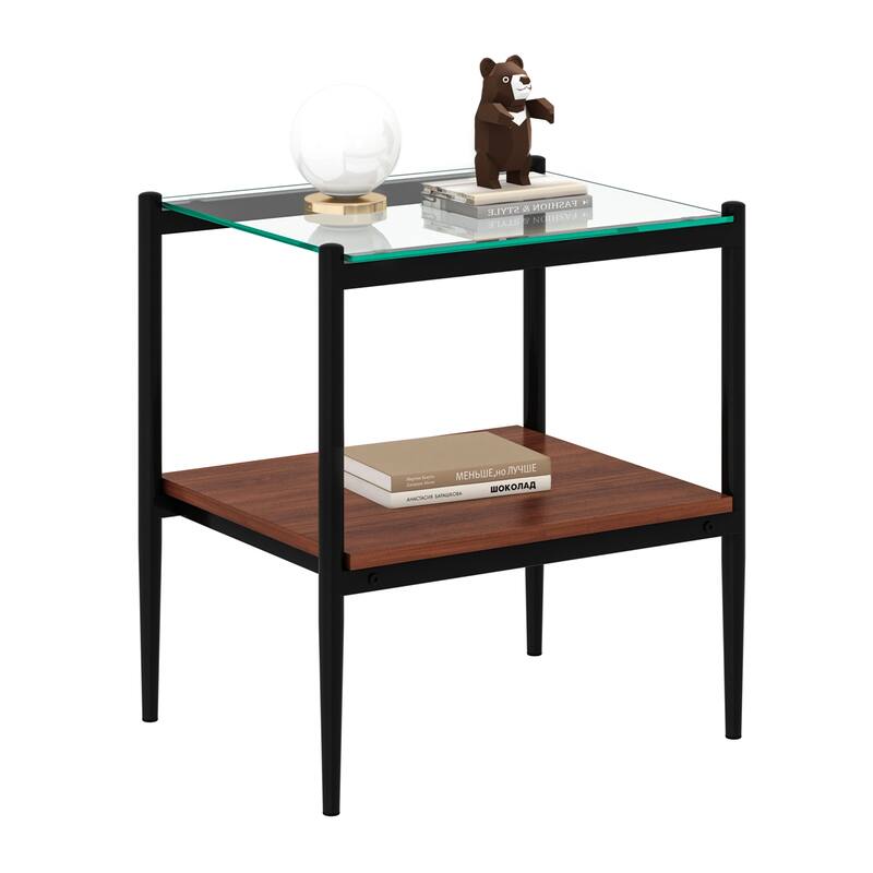 Set of 2 Rectangle End Table, Tempered Glass Tabletop with MDF layer, Modern Table for Living Room, Transparent Glass