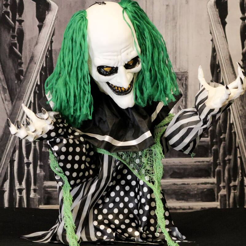 Haunted Hill Farm 2-ft. Animated Clown, Indoor/Covered Outdoor Halloween Decoration, Red LED Eyes, Poseable, Absinthe