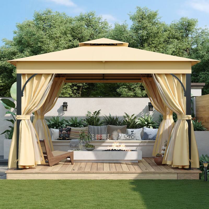 10x12 Outdoor Gazebo Tent with Double Roofs(Beige)