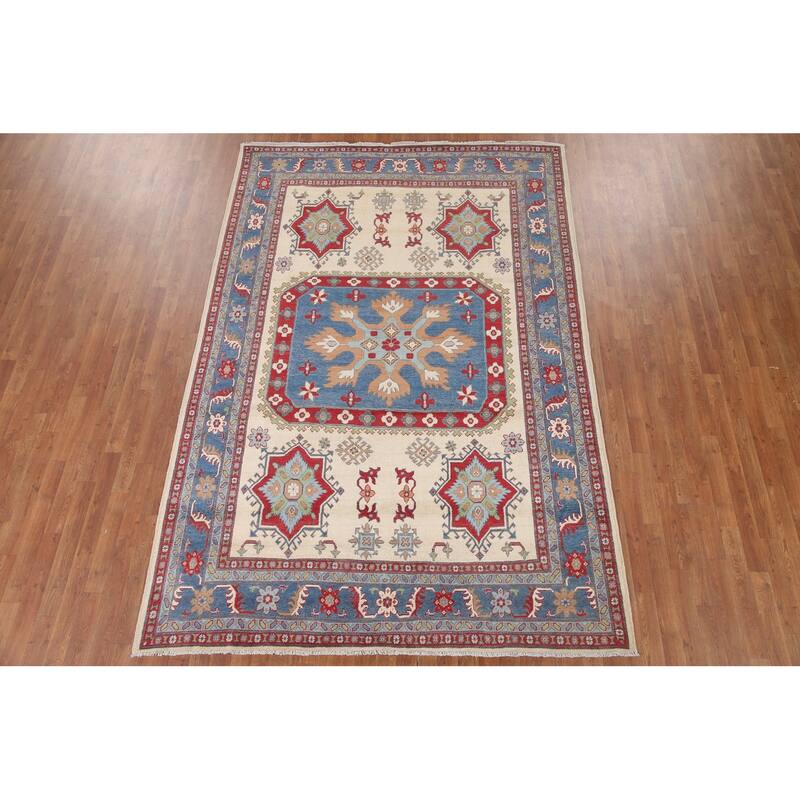 Hand Knotted Oriental 100% Wool Carpet Traditional Geometric Beige & Ivories Kazak Area Rug - 9' 11'' X 6' 8''