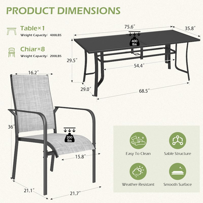 5/7/9-Piece Outdoor Patio Dining Set with Stackable Textilene Chairs and Slatted Table, Furniture with Adjustable Umbrella Hole