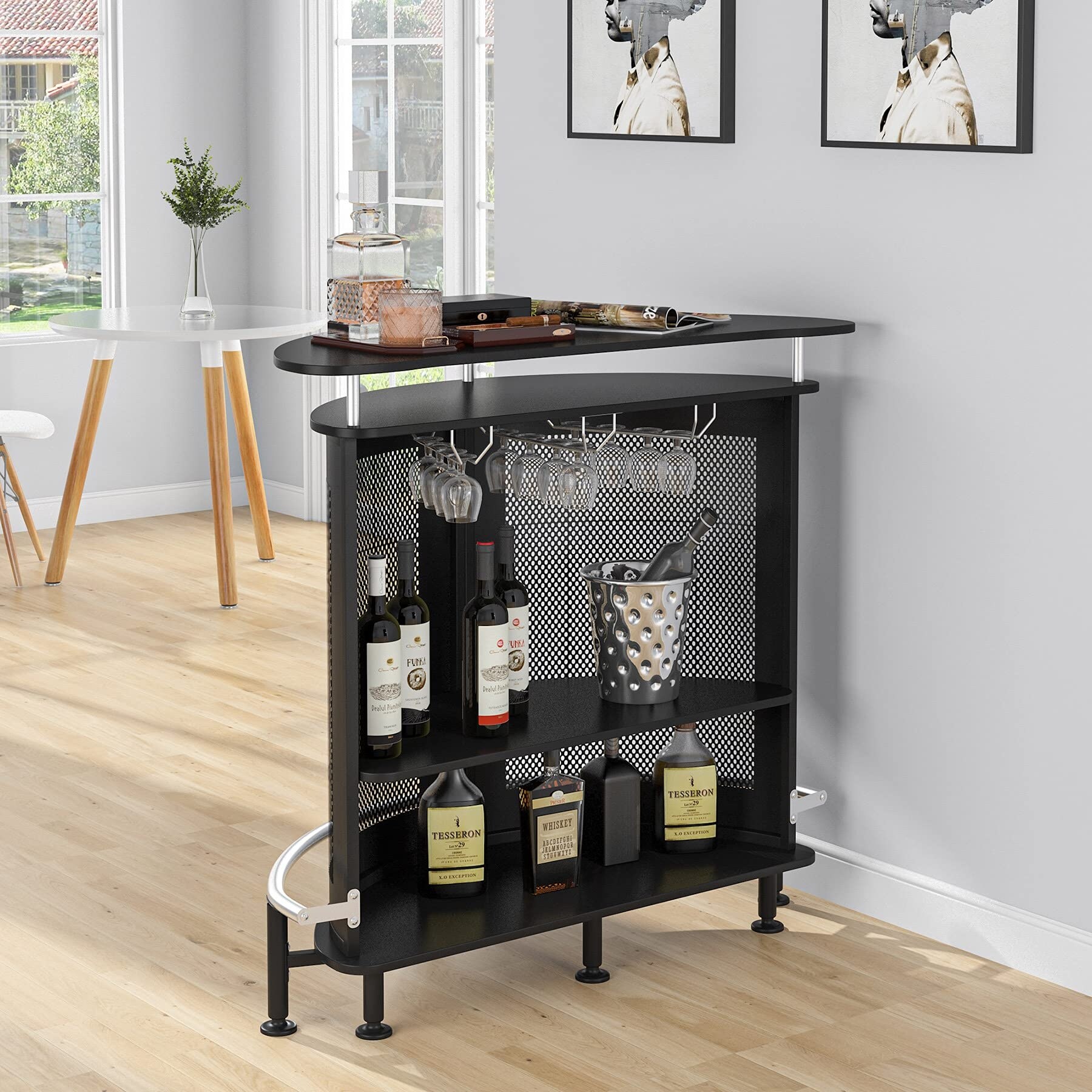 Tribesigns L-Shaped Home Bar Unit, 3 Tier Liquor Bar Table with Storage  Shelves and 6 Wine Glasses Holder, Industrial Corner Wine Bar Cabinet Mini  Bars for Home Kitchen Pub, Rustic Brown 