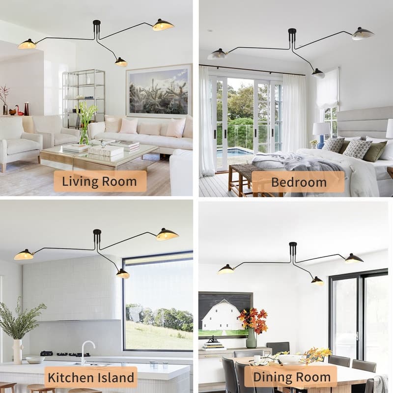 Mid Century Modern Chandelier Black 3 Arm Ceiling Light Living Room