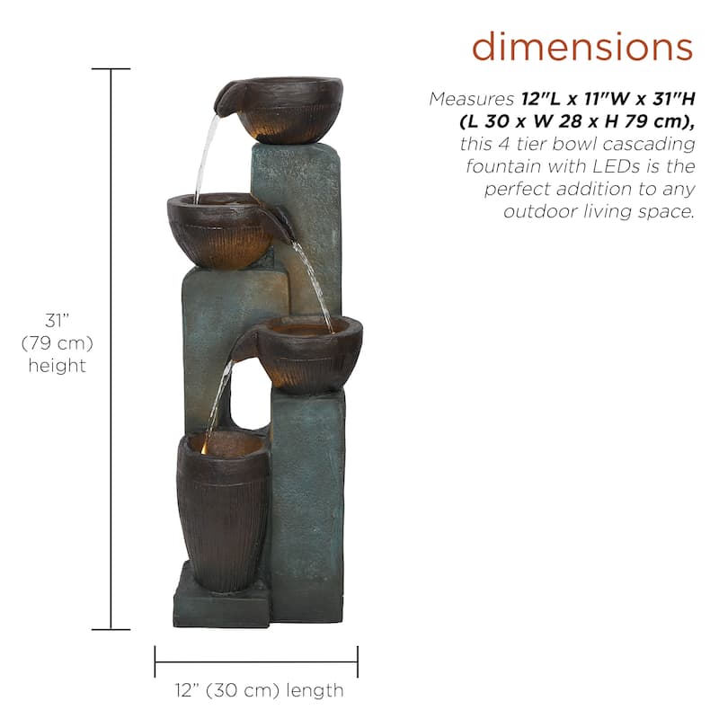 31" 4-Tier Bowl Fountain w/ LED, Garden Feature, Gray