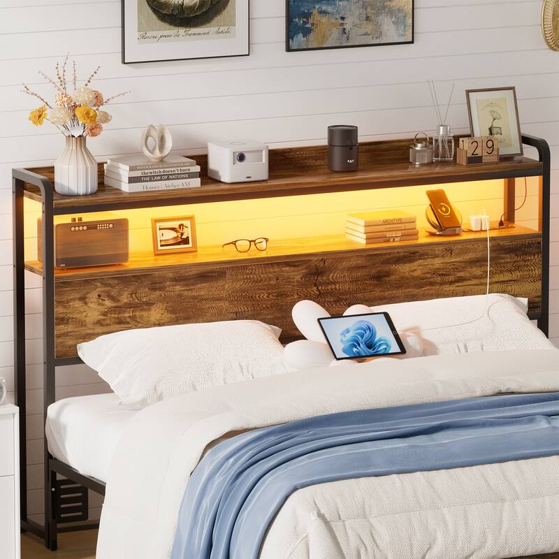 Headboard with Storage Drawers and LED Light, Head Board with Outlets, USB Ports - Rustic Brown - Full