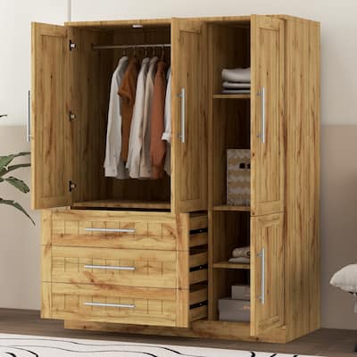 Armoire Wardrobe Closet with Hanging Rail and Drawers, Freestanding Clothes Storage Cabinet for Large Capacity