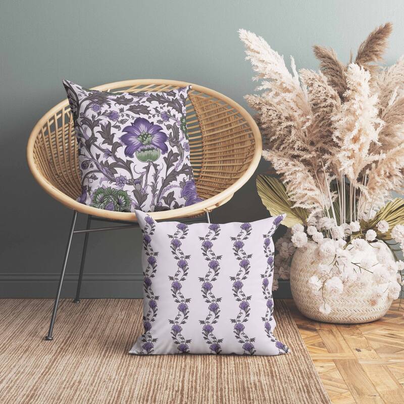 Mughal Era Garden Treasures Faux Suede Reversible Throw Pillow Grey and Lavender