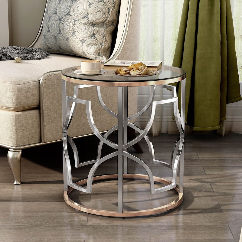 Ders Glam Chrome and Gold Plating Tempered Glass Top 2-Piece Coffee Table Set by Furniture of America