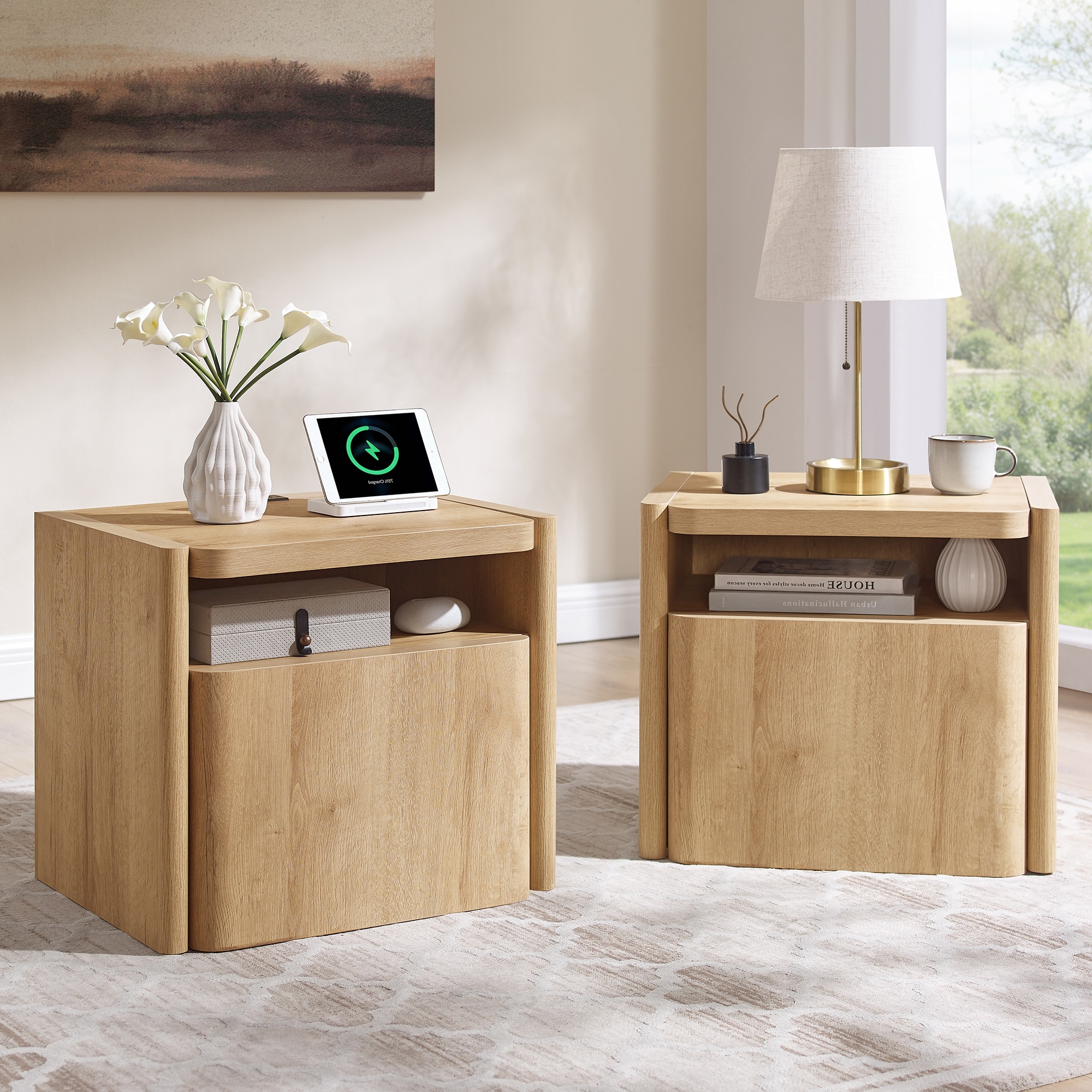 Modern Nightstand Set of 2 with Charging Station, Wood End Table