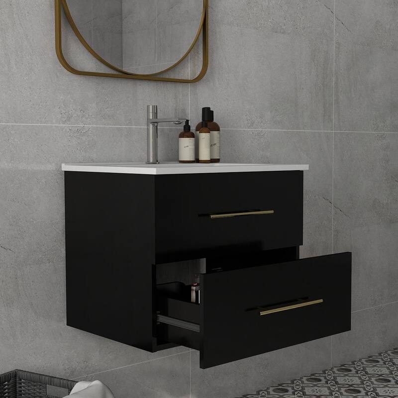 24-Inch Wall-Mounted Bathroom Vanity with Sink Combo,Double Drawers, Ceramic Basin, Easy Assemble,2 Storage Drawers