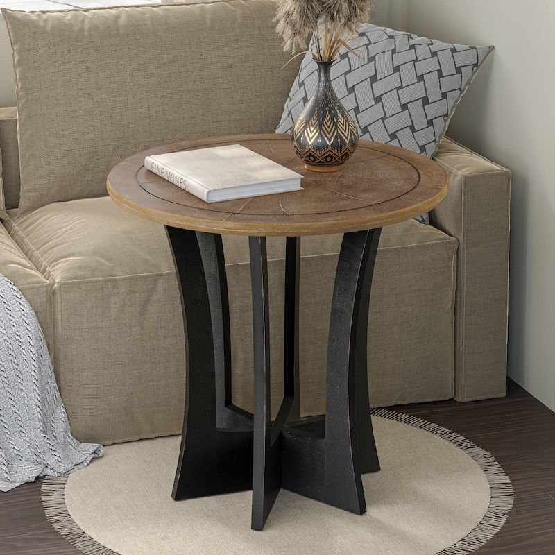 COZAYH Farmhouse Round End Table with Criss-Cross Wood Legs, Rustic French Country Side table for Dinning or Living Room - Black&Natural Wood
