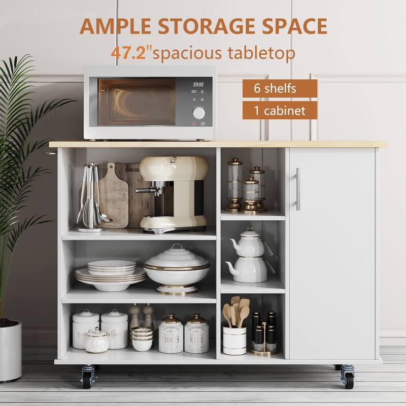 Futzca 47”W Kitchen Storage Island Cart with 6 Open Shelves and 1 Cabinet