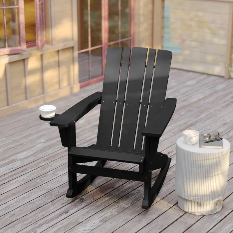 Commercial All-Weather Rocking Adirondack Chair with Swiveling Cupholder