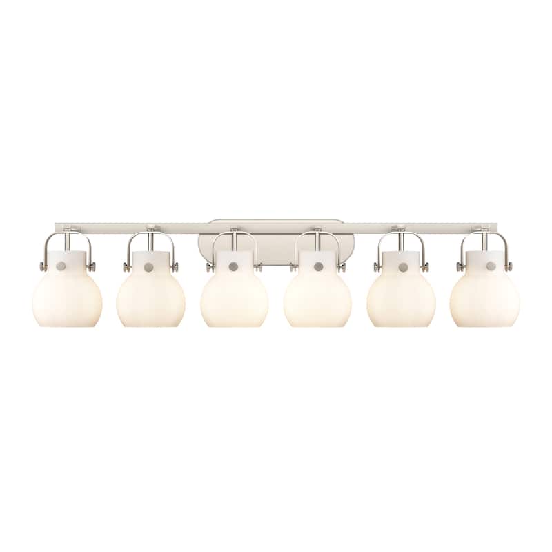 Innovations Lighting Pilaster II Sphere - 6 Light 46" Wall-Mounted Bath Vanity Light - Satin Nickel/Matte White