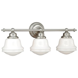 Huntley 3-Light 24 in. W Satin Nickel Bathroom Vanity Lighting Fixture, White Schoolhouse Milk Glass Globe Shade, Dimmable