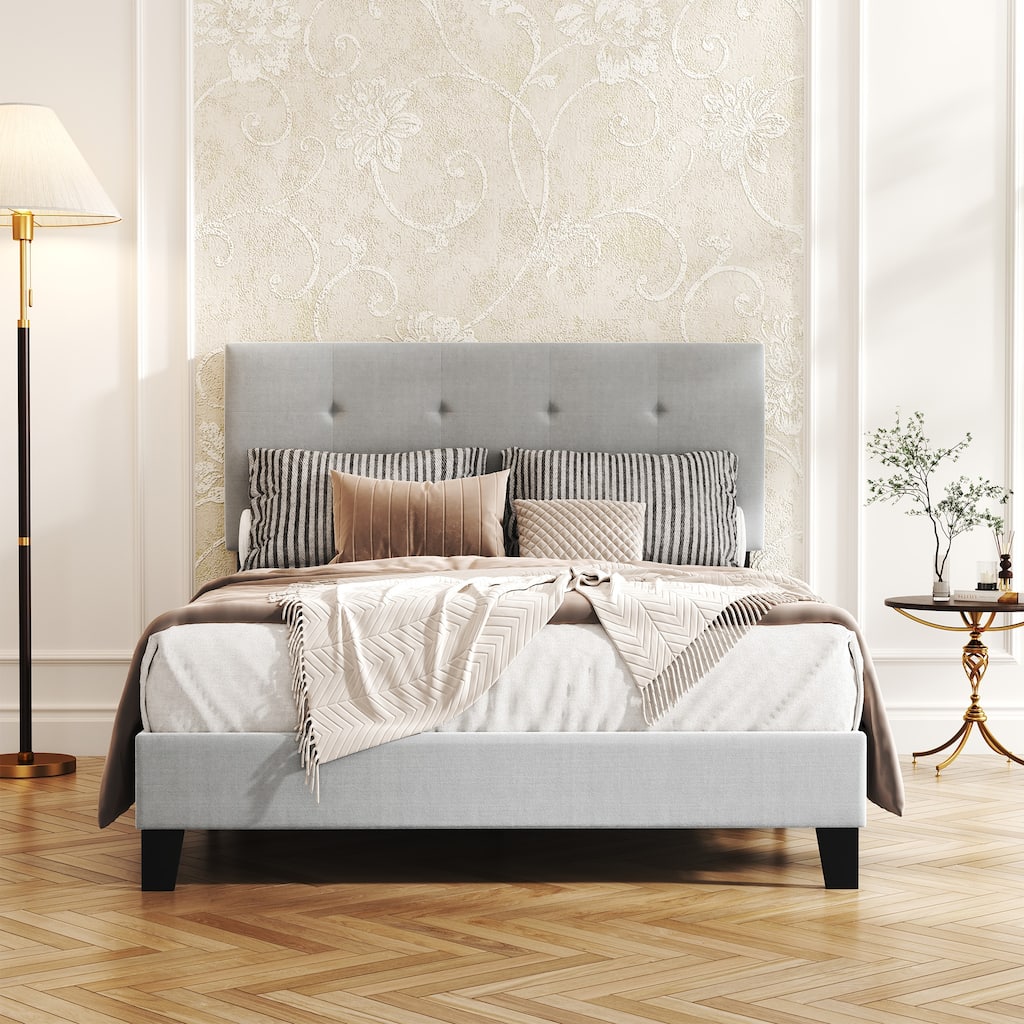 Upholstered Platform Bed Frame with Tufted Headboard