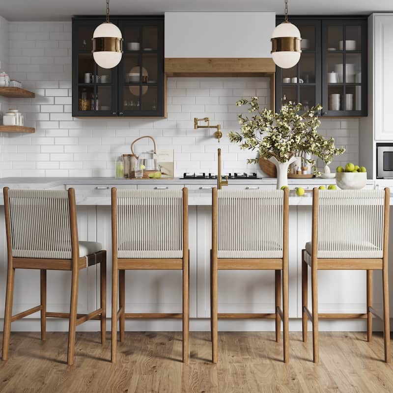 Kayden Solid Wood Dining Chair or Bar Stool with Woven Rope Backrest, Upholstered Stool for Kitchen or Bar