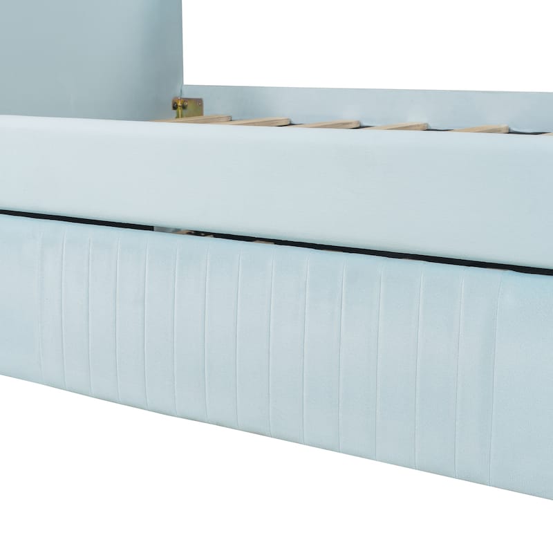Light Blue Velvet Upholstered Twin Daybed with Trundle and Wood Slats