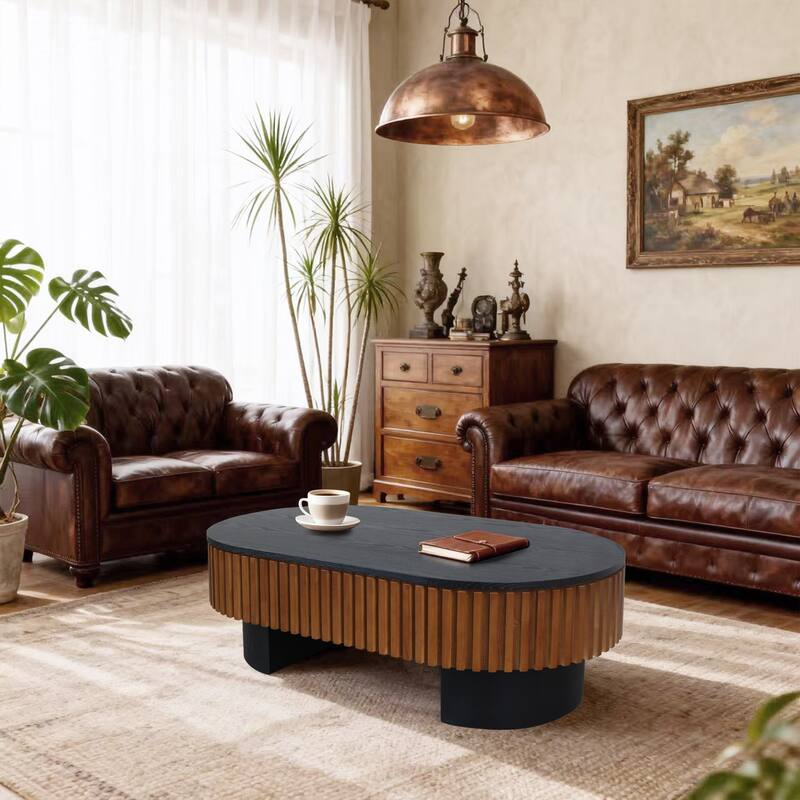 43.7" Black + Walnut Elliptical Coffee Table, Removable Top & Hidden Storage for Any Room