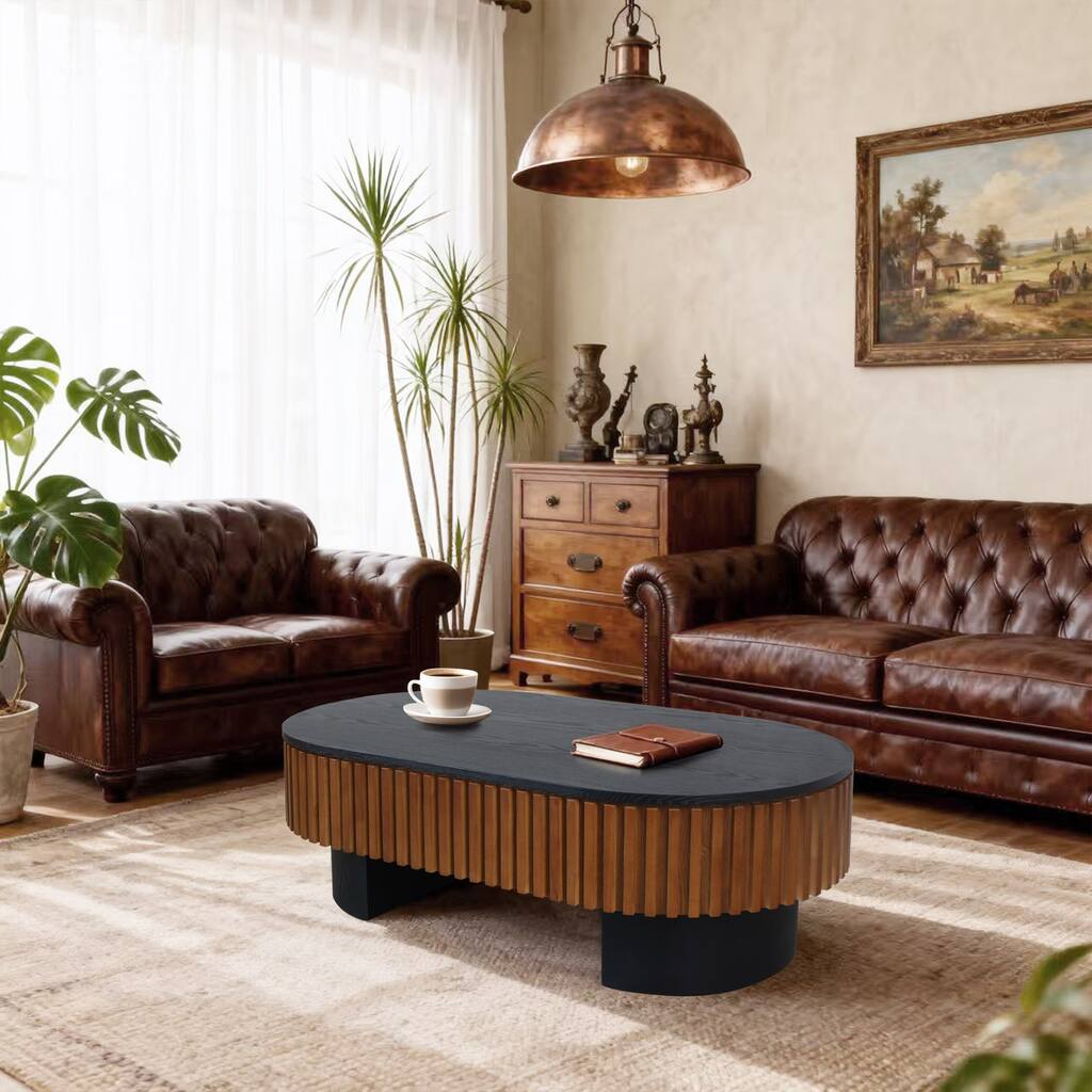 43.7" Black + Walnut Elliptical Coffee Table, Removable Top & Hidden Storage for Any Room