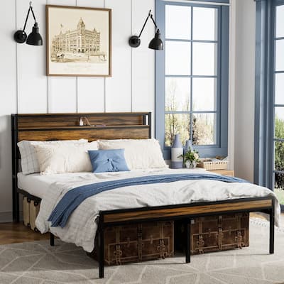 Industrial Style Queen Size Metal Bed Frame with Storage Headboard and Charging Station