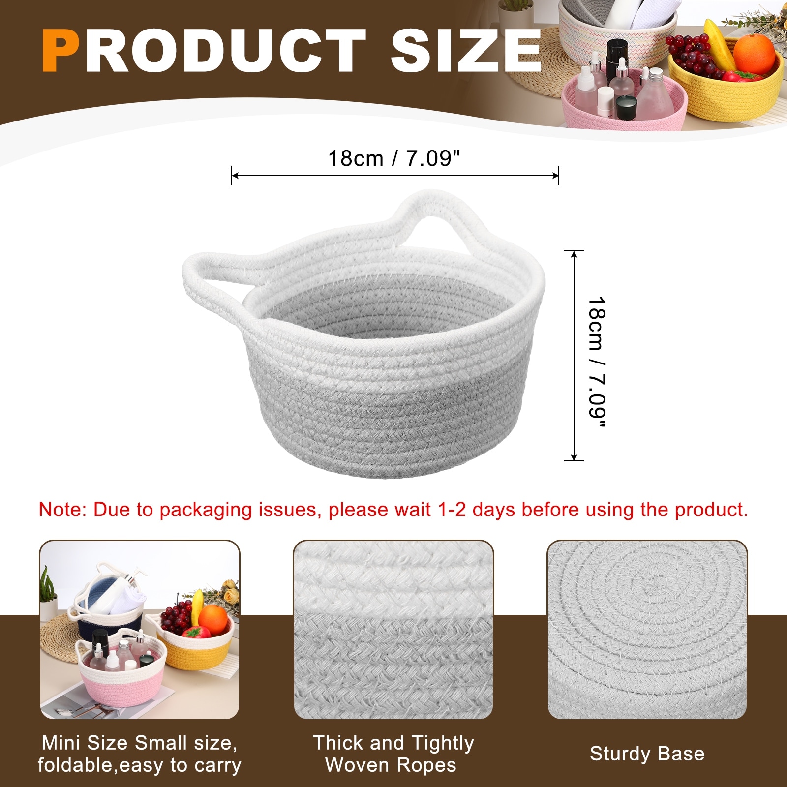 Small Cotton Rope Woven Storage Basket, Cat Ears Decorative Organizer