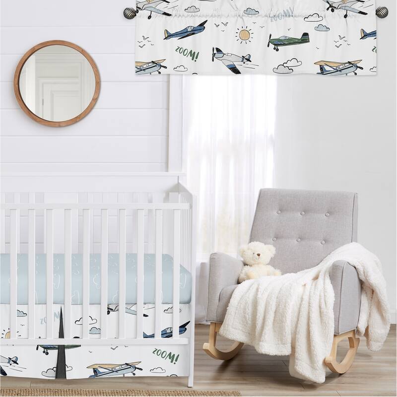Sweet Jojo Designs Green Vintage Airplane Boy Window Curtain Valance - Airplanes Transportation Clouds Sun Sky Aviator Aviation