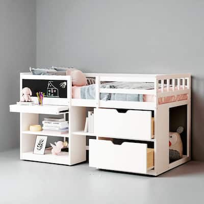 Twin Size Low Loft Bed with Rolling Desk, Storage Drawers and Bookshelf, Pine Wood Frame