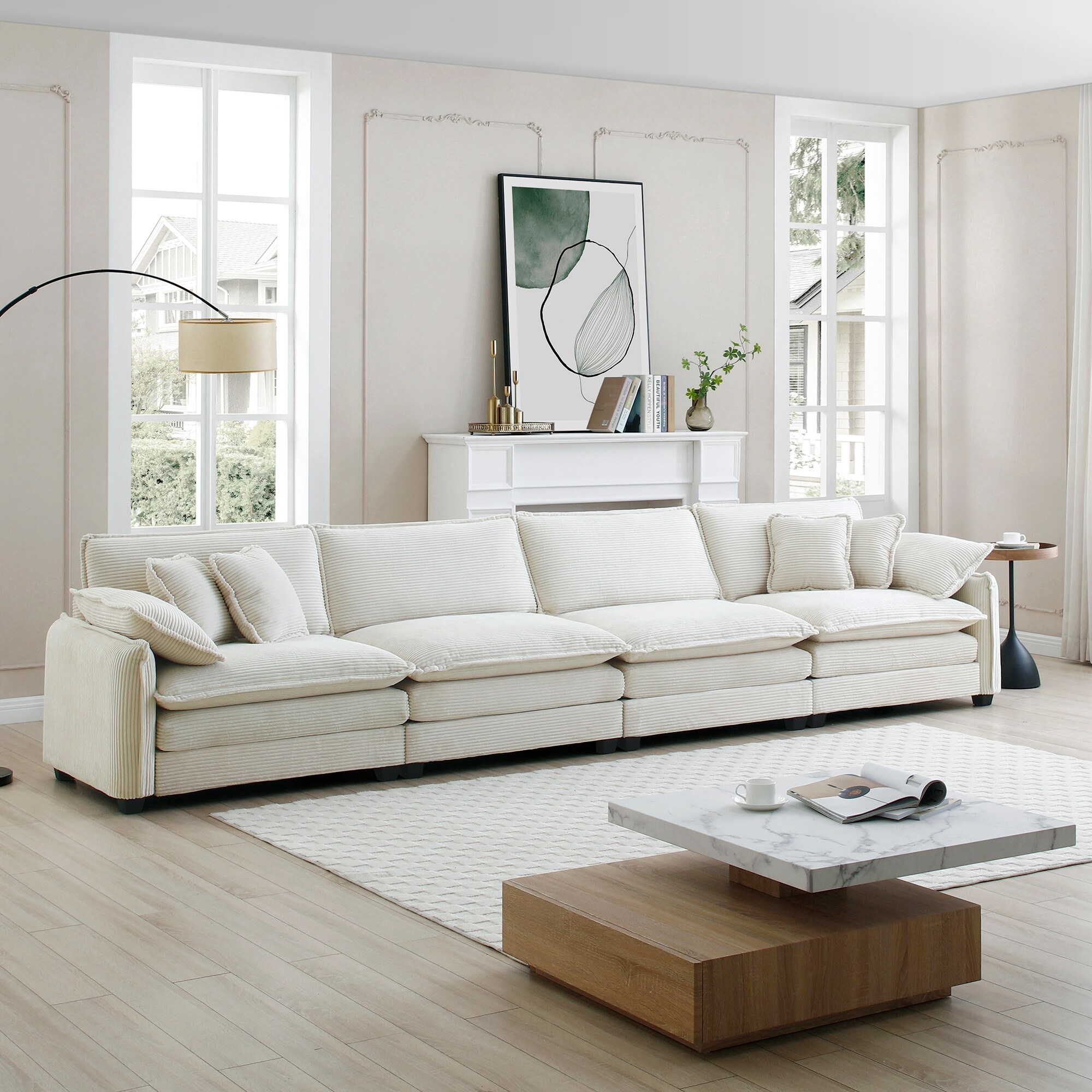 Stylish Simple Mid Century 4 Seater Sectional Sofa with 2 Arm Pillows and 4 Throw Pillows Beige