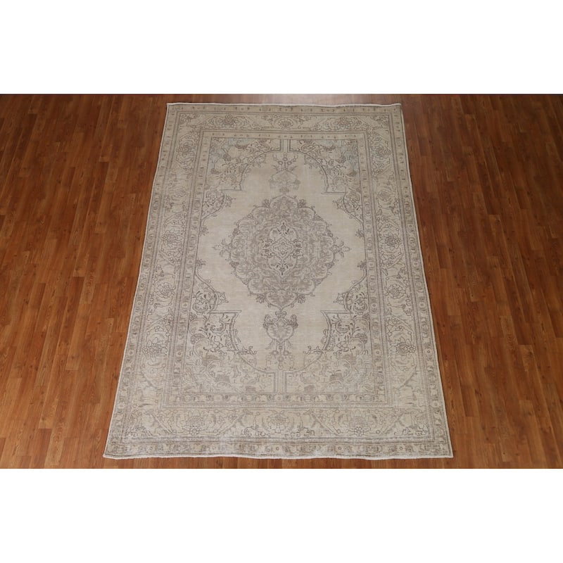 Hand Knotted Oriental 100% Wool Carpet Traditional Medallion Beige & Ivories Tabriz Area Rug - 9' 0'' X 6' 4''