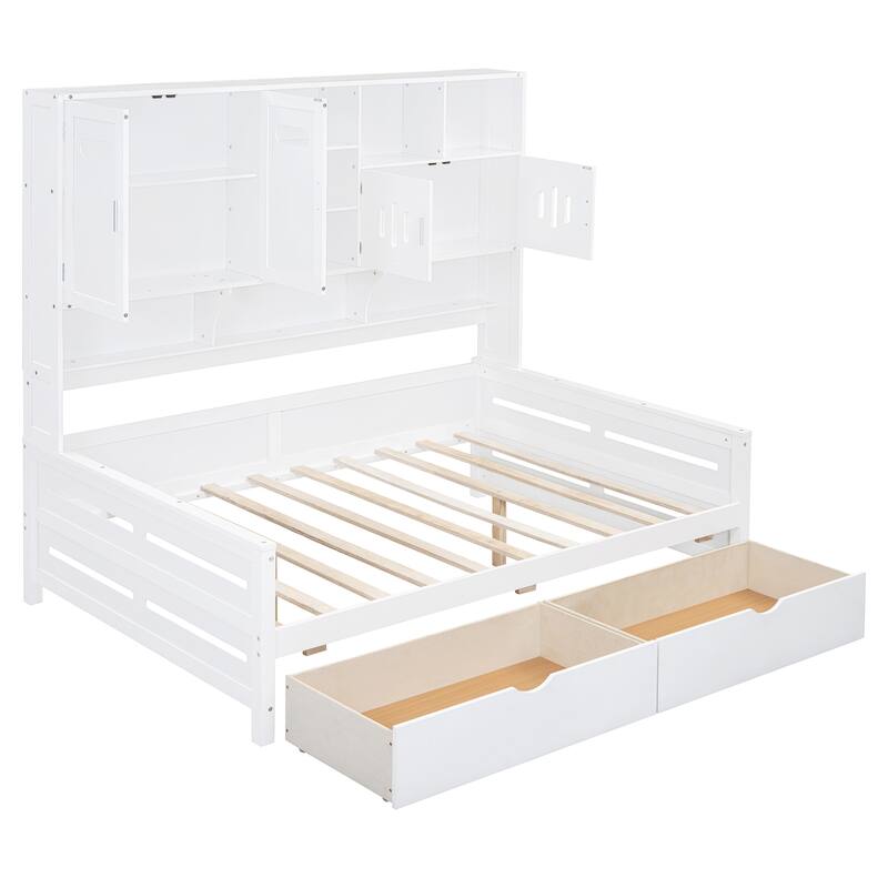 Contemporary Twin/Full Size Wooden Daybed with 2 Storage Drawers, Cabinet, and Shelf - Solid Wood Slats