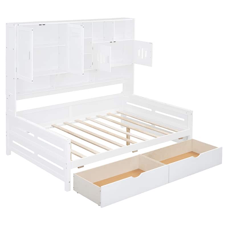 White Full Size Wooden Daybed with Drawers and Cabinet