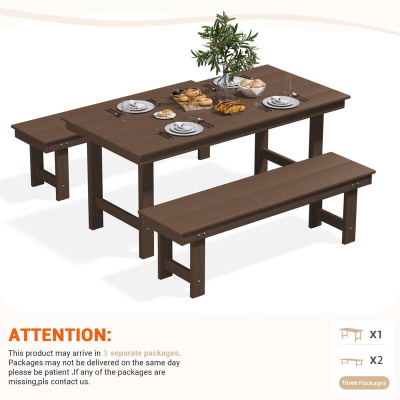 3-Piece HDPE Outdoor Dining Set with Umbrella Hole Table and Two 2-Person Benches