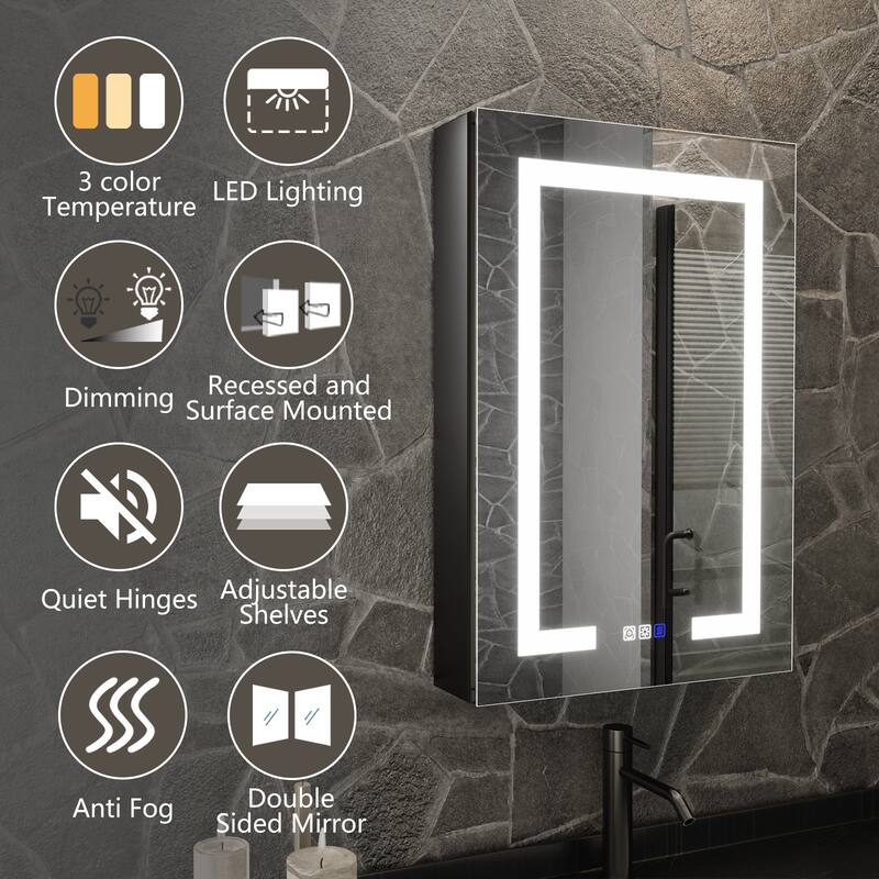 ExBrite 20" x 30" LED Lighted Bathroom Medicine Cabinet with Mirror,Recessed or Surface Mount,Defog