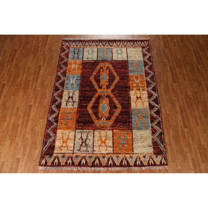Hand Knotted Oriental 100% Wool Carpet Modern Tribal Red Moroccan Area Rug - 9' 9'' X 7' 0''
