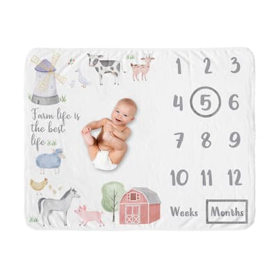 Farm Animals Boy or Girl Baby Monthly Milestone Blanket - Watercolor Farmhouse Barn Horse Cow Sheep Pig Farm Life Gender Neutral