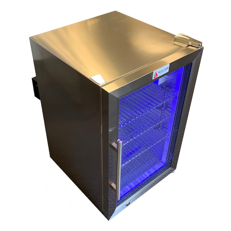 Mont Alpi MAF 2.7 Cubic Ft Stainless Steel Portable Outdoor Rated Glass Door Compact Lockable Refrigerator with Blue Lighting