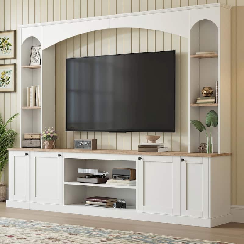 91" Arched Entertainment Center TV Stand with Bookshelves, Farmhouse Media Console, Large Wood Wall Unit for TVs Up to 70" - White