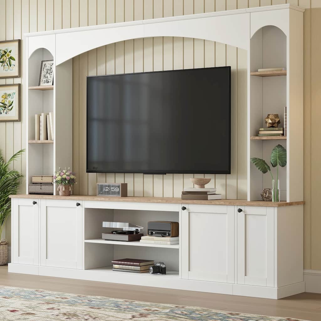91" Arched Entertainment Center TV Stand with Bookshelves, Farmhouse Media Console, Large Wood Wall Unit for TVs Up to 70"