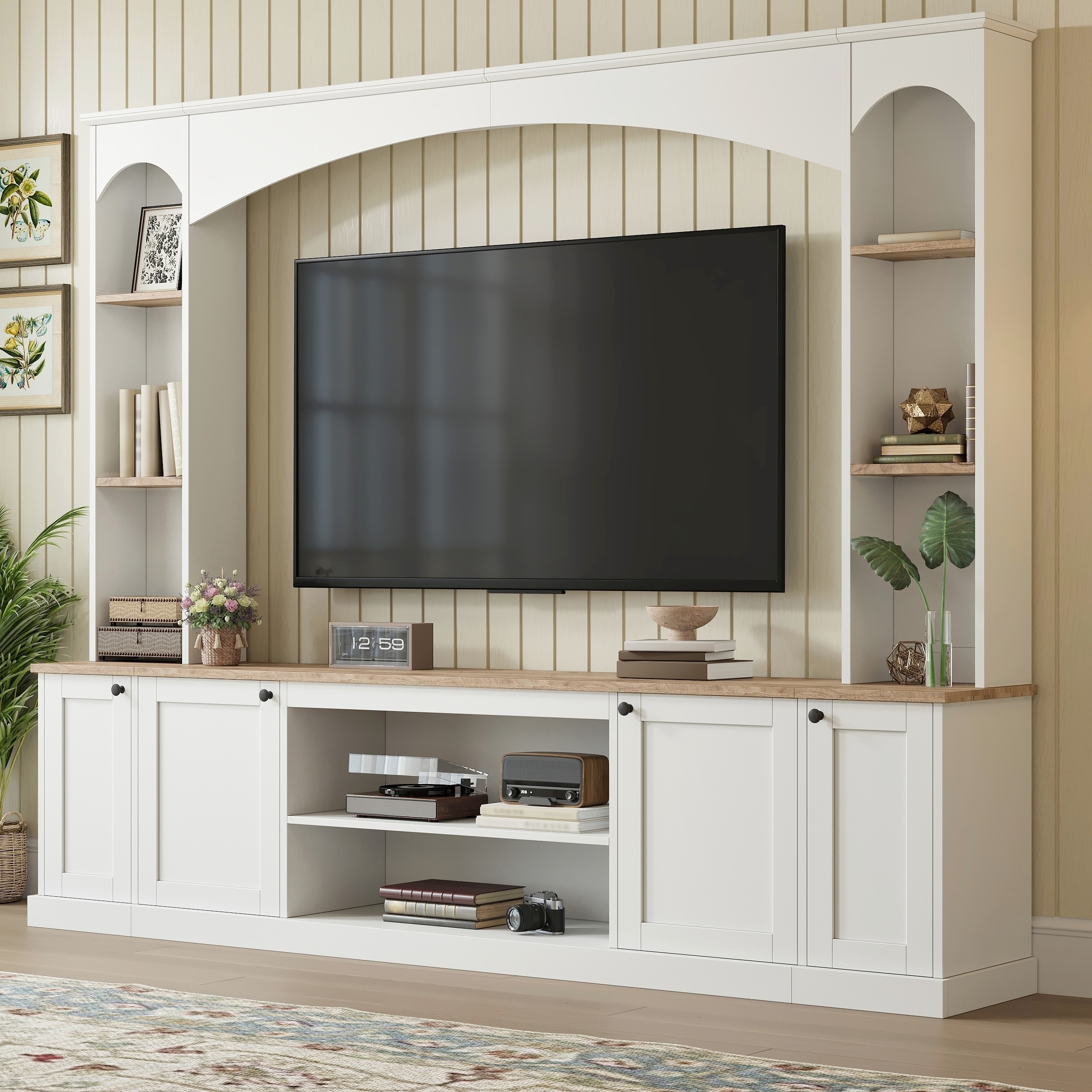 Arched Entertainment Center Wall Unit, Bookshelf, Farmhouse TV Stand, Fits TVs up to 70", 91" Media Console, Adjustable Shelves