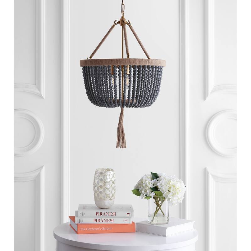 SAFAVIEH Lighting Lindhilde Boho Adjustable 3-Light Led Grey Beaded Chandelier Pendant - 18.5"x18.5"x32-104"