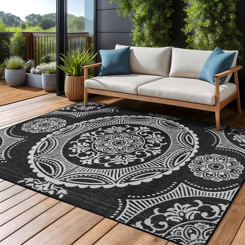 Beverly Rug Blue Medallion Indoor Outdoor Rug, Outside Carpet for Patio, Deck, Porch