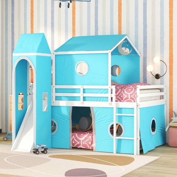 slide 2 of 16, Fun and Durable Full Bunk Bed with Slide, Castle Elements, and Semi-Enclosed Space for Kids, Strong Support and Safety Features Blue
