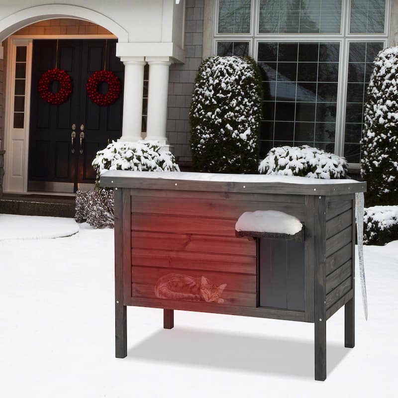 Gray Fir Wood Outdoor Cat House with Insulation, Asphalt Roof and Divider - 34.5" L x 22" W x 27" H