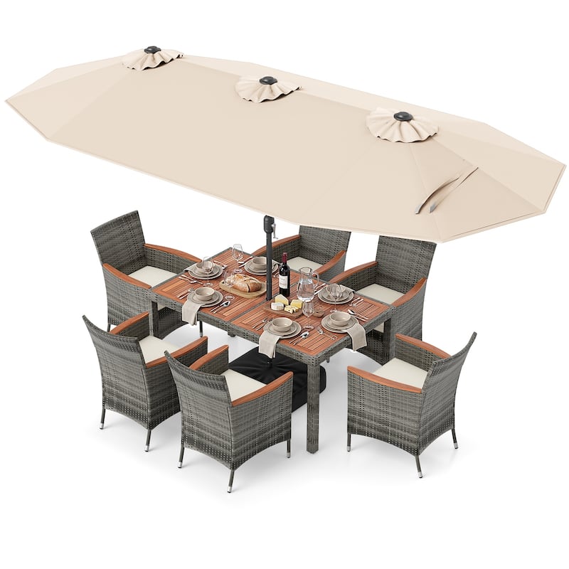Gymax 8-Piece Patio Dining Set w/ Double-Sided Market Umbrella Acacia - Beige
