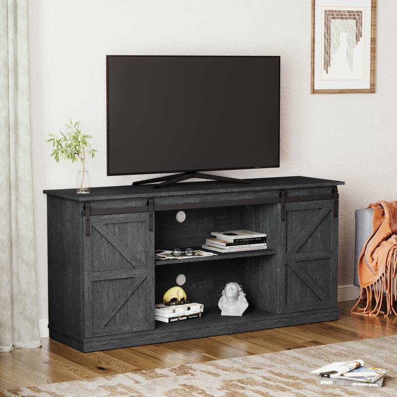 Farmhouse Wood TV Stand with Sliding Barn Door