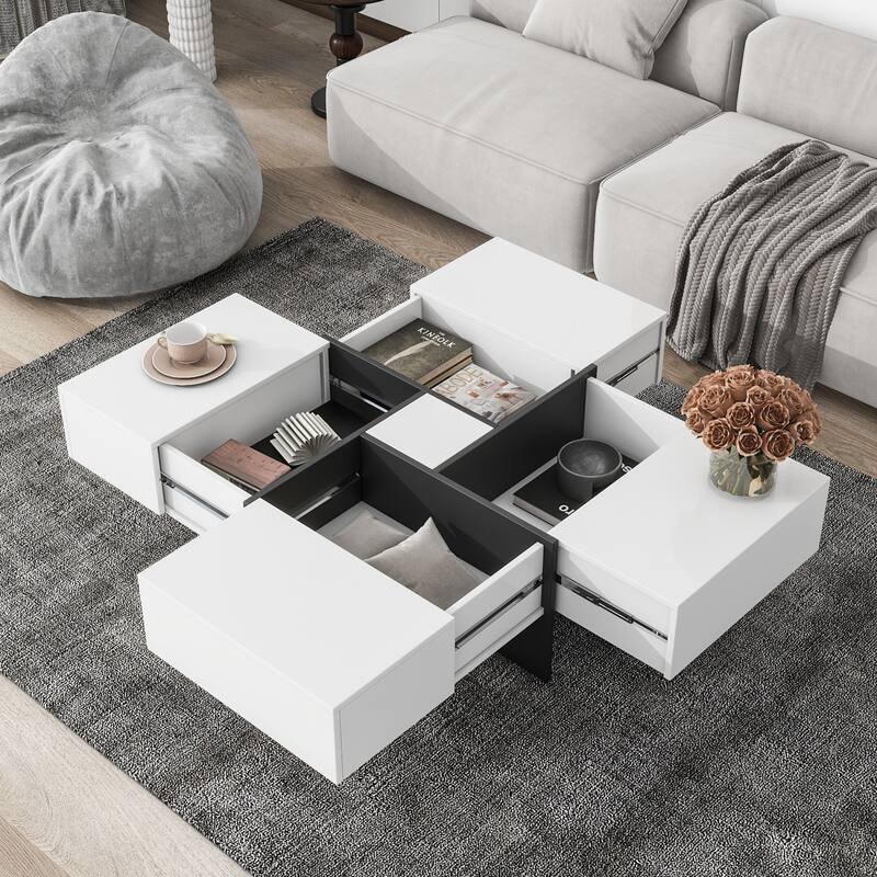 31.5" Square Coffee Table with 4 Hidden Storage Compartments & Sliding Top, UV High-gloss Finish - White